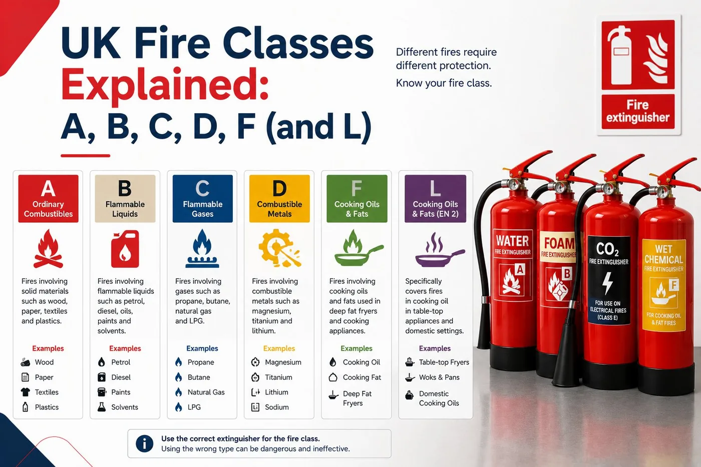 UK Fire Classes Explained: A, B, C, D, F (and L)